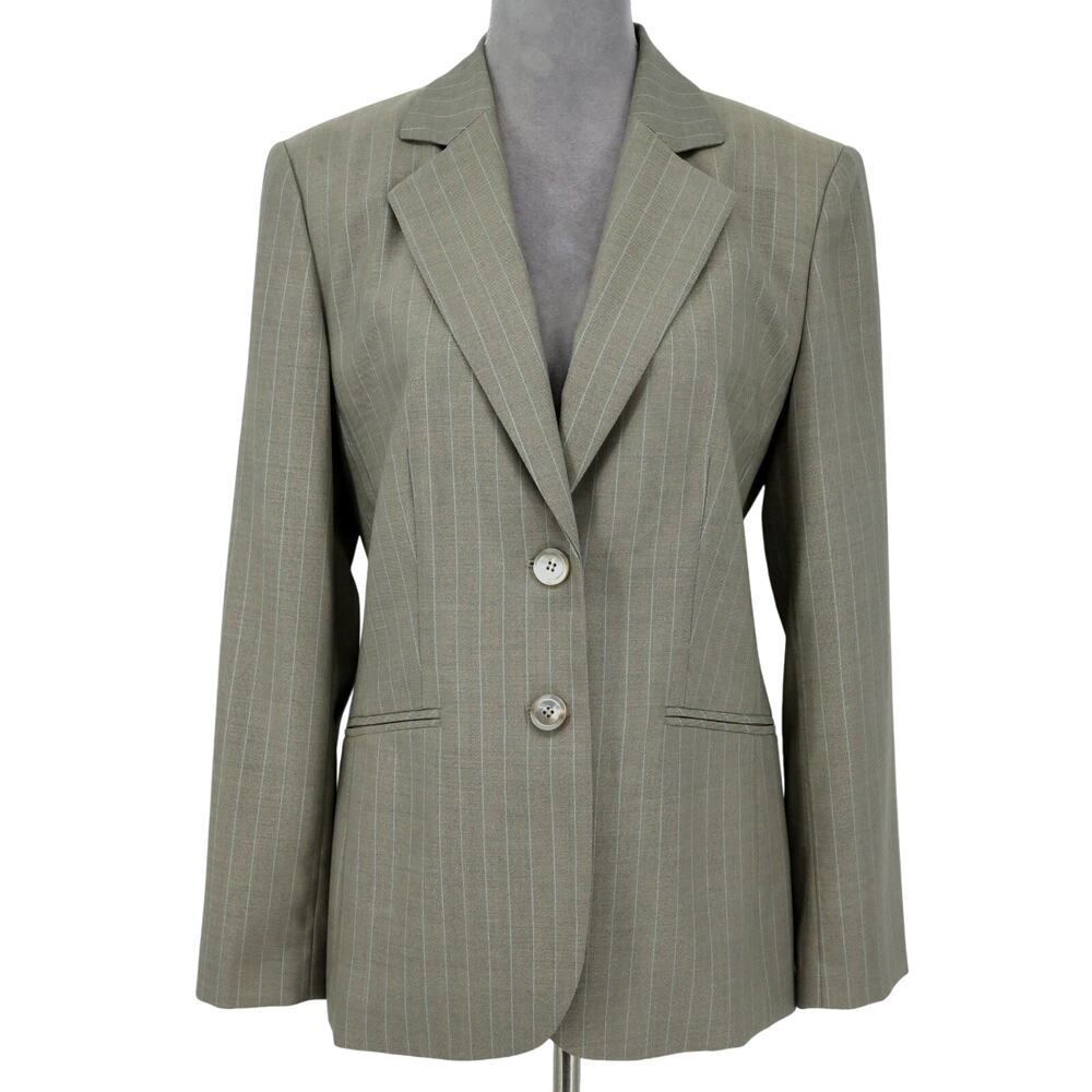 Talbots Jacket Womens 6 Green Beige Wool Silk Lined Blazer Pinstripe Stretch Vtg